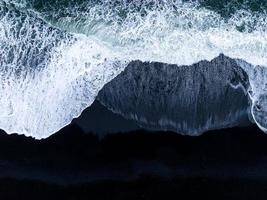 Iceland black sand beach with huge waves at Reynisfjara Vik. photo