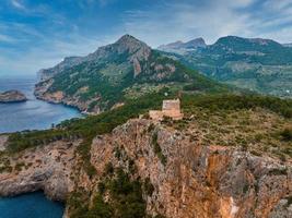 Aerial view of the luxury cliff house hotel on top of the cliff on the island of Mallorca. photo