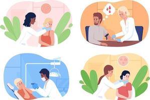 Patients at appointment with doctor 2D vector isolated illustrations set