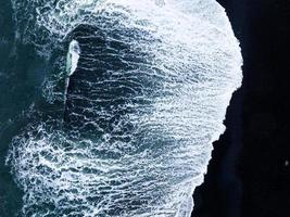 Iceland black sand beach with huge waves at Reynisfjara Vik. photo