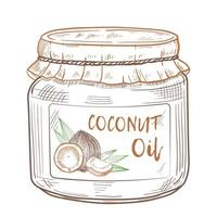 Coconut oil in a glass jar with a label. Cooking and beauty ingredients.  Vector Hand drawn illustration for menu, banner, logo.