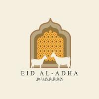 diseño de fondo del festival de la comunidad musulmana de celebración de eid al-adha mubarak con estilo de mezquita de ovejas y estrellas. ilustración vectorial vector