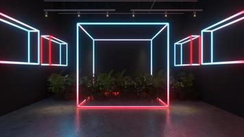 3D render Glowing neon lighting on floor reflection for future premium product or technology photo