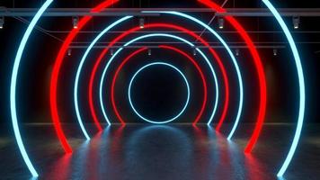 3D render Glowing neon lighting on floor reflection for future premium product or technology photo
