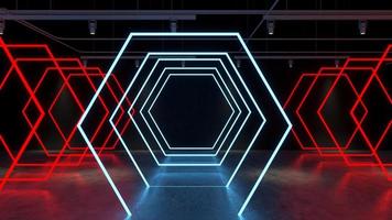 3D render Glowing neon lighting on floor reflection for future premium product or technology photo