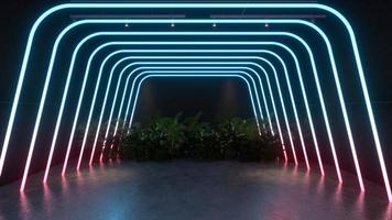 3D render Glowing neon lighting on floor reflection for future premium product or technology photo
