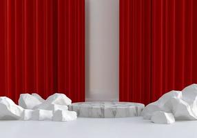 3d render white marble podium on red curtain background for premium product photo