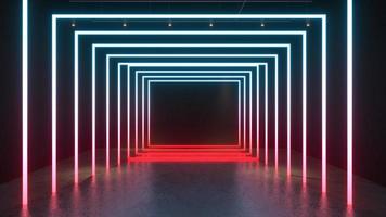 3D render Glowing neon lighting on floor reflection for future premium product or technology photo