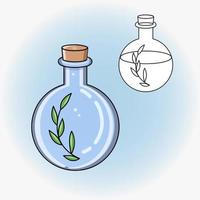 Drawing of flask with potion and herb. Vector flat magical illustration.  Icon, sticker.  Magic and festive illustration. Coloring page.