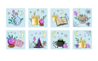 Magic icon set. Magic ball, potion, magic book, witch hat, broom, tarot, candle, crystal, pot, mortar and pestle, stars, web, spider, key and crescent. vector