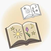 Drawing of magic book. Vector flat magical illustration.  Icon, sticker.  Magic and festive illustration. Coloring page.