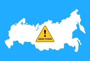 Sanctions against Russia. Silhouette of map of the Russian Federation and yellow triangle warning sign. Stop War concept. vector