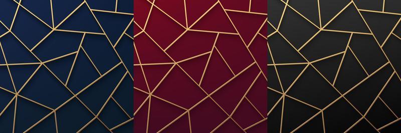 Set of abstract 3D luxury golden geometric stripes line on Dark blue, Red and black background. Polygonal triangle pattern collection design. Can use for cover, poster, banner web, flyer, Print ad.
