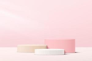 Abstract white and pink 3D steps cylinder pedestal podium with pastel pink minimal wall scene for cosmetic product display presentation. Vector geometric rendering platform design. Vector illustration