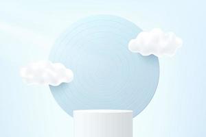 Abstract white 3D cylinder pedestal or stand podium with circle backdrop and white clouds flying in sky. Pastel blue minimal scene for product display presentation. Vector geometric rendering platform