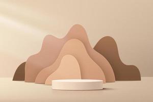 Abstract beige 3D cylinder pedestal podium with brown fluid wavy layers backdrop. Light brown minimal wall scene for cosmetic product display presentation. Vector geometric rendering platform design.