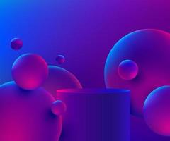 Abstract dark blue and pink 3D cylinder pedestal podium with bubbles flying on air. Futuristic scene for product display presentation, Promotion case. Vector rendering geometric  platform design.