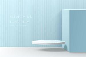 Abstract 3D blue room with realistic white cylinder pedestal podium floating on the air. Pastel minimal wall scene for mockup product display. Vector geometric forms. Stage for showcase. Vector EPS10.