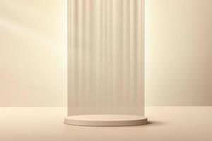 Abstract Beige, Cream 3D cylinder pedestal podium with vertical curtain backdrop. Luxury brown minimal wall scene for cosmetic product display presentation. Vector geometric rendering platform design.