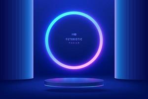 Abstract realistic blue 3d cylinder pedestal podium. Sci-fi dark abstract room with glowing circle ring neon lighting lines. Vector rendering mockup product display. Futuristic scene, Stage showcase.