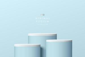 Abstract 3D light blue room with set of steps realistic blue and white cylinder stand podium. Pastel minimal scene for mockup product display. Vector geometric forms. Stage for showcase. Vector EPS10.