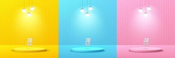 Set of abstract yellow, pink and blue cylinder pedestal or podium with hanging lamp. Pastel scene collection. Vector rendering geometric platform for product display presentation. Studio room concept.
