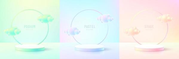 Set of abstract 3D room with realistic cylinder podium in green, yellow, pink, blue hologram color. Cloud flying. Pastel minimal scene for product display. Vector geometric forms. Stage for showcase.