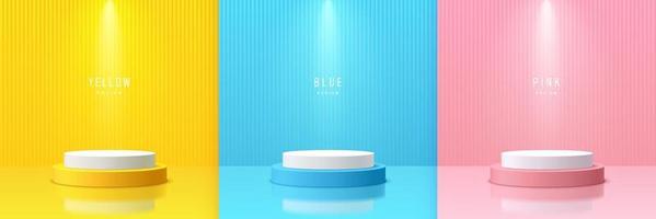 Set of yellow, blue, pink and white realistic 3d cylinder pedestal podium with spotlights background. Abstract vector rendering geometric forms. Minimal scene. Stage showcase, Mockup product display.