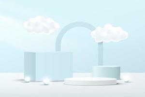 Abstract white, blue 3D cube and cylinder pedestal podium with cloud flying and arches backdrop. Pastel blue minimal wall scene for product display presentation. Vector geometric rendering platform.