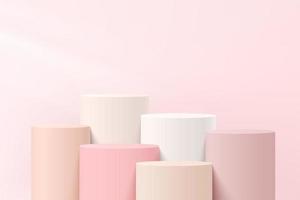 Abstract white and pink 3D steps cylinder pedestal or stand podium with pastel pink wall scene for cosmetic product display presentation. Vector geometric rendering platform design. Vector EPS10.