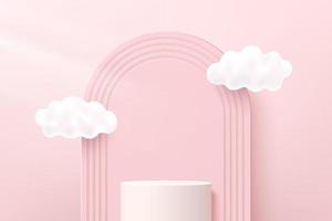 Abstract white 3D cylinder pedestal or stand podium with arches backdrop and clouds flying. Pastel pink minimal scene for cosmetic product display presentation. Vector geometric rendering platform.