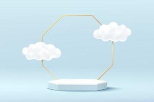 Abstract white 3D hexagon pedestal podium with golden geometric backdrop and cloud flying. Pastel blue minimal wall scene for cosmetic product display presentation. Vector geometric rendering platform