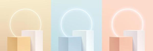 Set of abstract 3D pink, yellow, blue and white cube pedestal or stand podium with illuminate circle neon. Pastel minimal scene collection. Vector rendering platform for product display presentation.