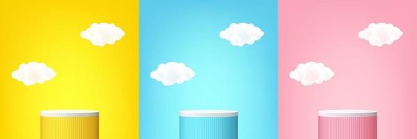 Set of yellow, blue and pink realistic 3d cylinder stand podium with white clouds flying. Abstract vector rendering geometric forms. Pastel minimal scene. Stage for showcase, Mockup product display.