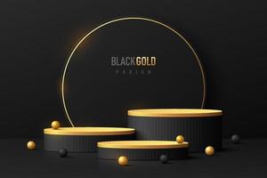 Abstract dark 3D room with set of black and golden realistic cylinder pedestal podium in luxury style. Minimal scene for mockup product display presentation. Vector geometric forms. Stage showcase.