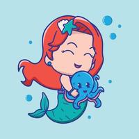 Cute little mermaid hugging a octopus, for kids fashion artworks, children books, greeting cards. vector illustration.