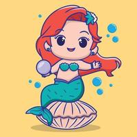 Mermaid holding shell pearls, for kids fashion artworks, children books, greeting cards. vector illustration.