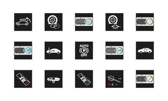 Set of 15 big icons related to car like button, indicator, tire inflation and so on. Modern smart vehicle icons. Car warning signs. Linear original logo. Simple outline style sign icon. vector