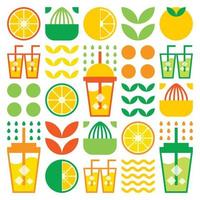 Simple flat illustration of abstract shapes of citrus fruits, lemons, grapefruit, lemonade, limes, leaves and other geometric symbols. Fresh juice ice drink icon in glass, and plastic cup with straw. vector