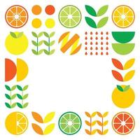 Minimalist flat vector frame in citrus fruit symbol. Simple geometric illustration of oranges, lemons, lemonade and leaves. Abstract orange design on white background. Good for posters or banners.