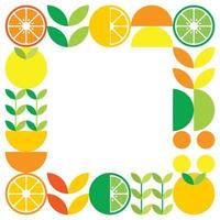 Minimalist flat vector frame in citrus fruit symbol. Simple geometric illustration of oranges, lemons, lemonade and leaves. Abstract orange design on white background. Good for posters or banners.