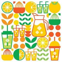 Simple flat illustration of abstract shapes of citrus fruits, lemons, lemonade, limes, leaves and other geometric symbols. Fresh orange juice ice drink icon with glass, jug, straw and plastic cup. vector