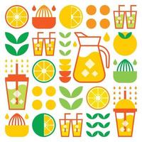 Simple flat illustration of abstract shapes of citrus fruits, lemons, lemonade, limes, leaves and other geometric symbols. Fresh orange juice ice drink icon with glass, jug, straw and plastic cup. vector