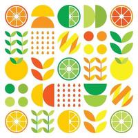 Abstract artwork of orange fruit symbol icon. Simple vector art, geometric illustration of colorful citruses, lemons, lemonade, limes and leaves. Minimalist citrus flat design on white background.