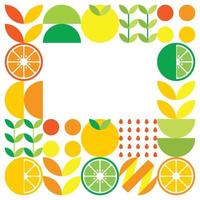 Minimalist flat vector frame in citrus fruit symbol. Simple geometric illustration of oranges, lemons, lemonade and leaves. Abstract orange design on white background. Good for posters or banners.