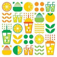 Simple flat illustration of abstract shapes of citrus fruits, lemons, grapefruit, lemonade, limes, leaves and other geometric symbols. Fresh juice ice drink icon in glass, and plastic cup with straw. vector