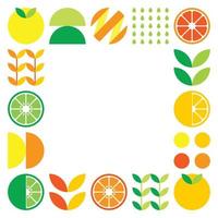 Minimalist flat vector frame in citrus fruit symbol. Simple geometric illustration of oranges, lemons, lemonade and leaves. Abstract orange design on white background. Good for posters or banners.