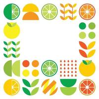 Minimalist flat vector frame in citrus fruit symbol. Simple geometric illustration of oranges, lemons, lemonade and leaves. Abstract orange design on white background. Good for posters or banners.