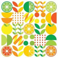 Abstract artwork of orange fruit symbol icon. Simple vector art, geometric illustration of colorful citruses, lemons, lemonade, limes and leaves. Minimalist citrus flat design on white background.