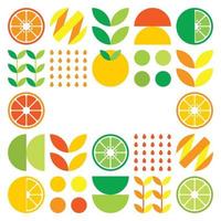 Minimalist flat vector frame in citrus fruit symbol. Simple geometric illustration of oranges, lemons, lemonade and leaves. Abstract orange design on white background. Good for posters or banners.